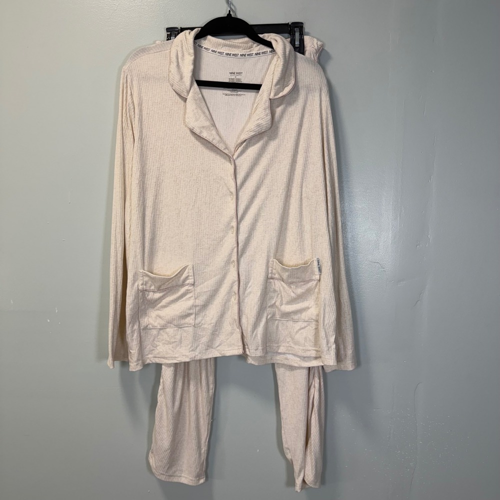 Nine West Sleepwear Ribbed Pajama Set Cream Pink Trim XL